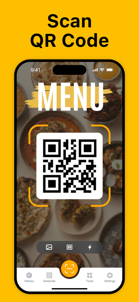 A mobile phone screen displaying a QR code scanner app scanning a digital restaurant menu
