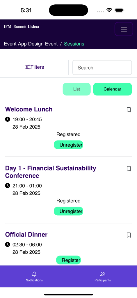 IFM Summit - Mobile app screen showing the sessions schedule for the IFM Summit with registration buttons for a lunch conference and dinner
