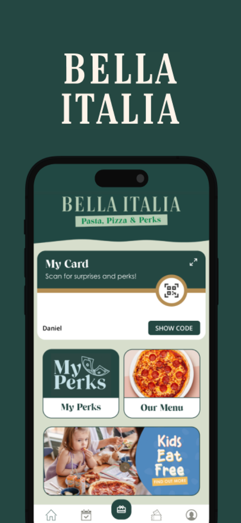 Bella Italia app home screen showing digital loyalty card perks and restaurant menu