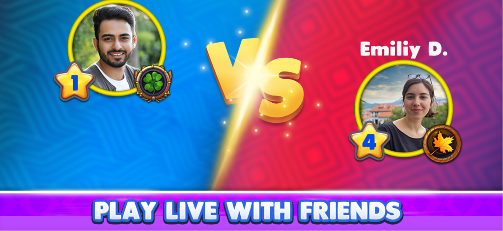 Gin Rummy Elite: Online Game - Dos jugadores compitiendo en una partida online de Gin Rummy Elite en tiempo real con el texto Juega en Vivo con Amigos