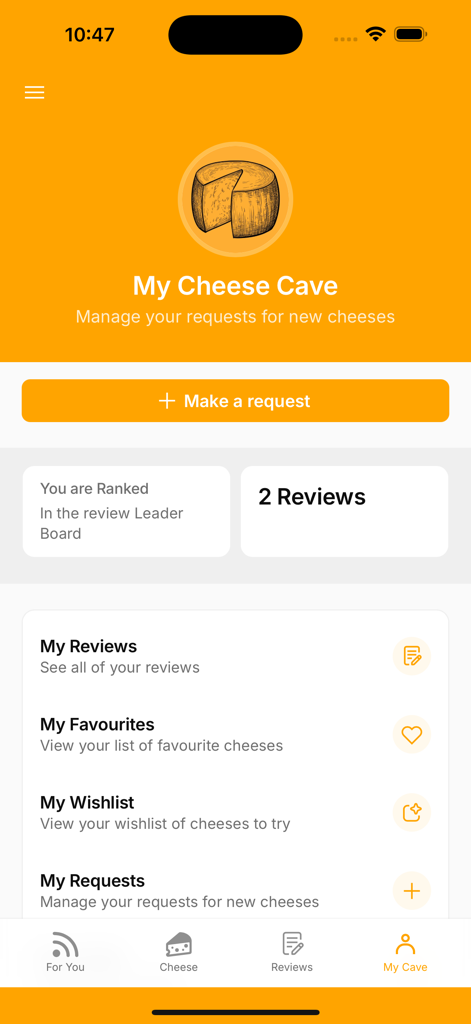 Fromag.io: The Cheese App - Schermata del profilo utente dell'app Fromagio che mostra La Mia Cantina con conteggio recensioni e lista dei desideri.