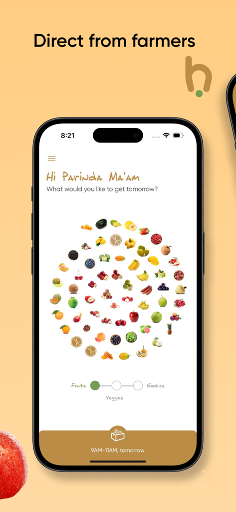 Handpickd: Fruits & Veggies - Handpickd app interface showing a spiral view of various fresh fruits and vegetables