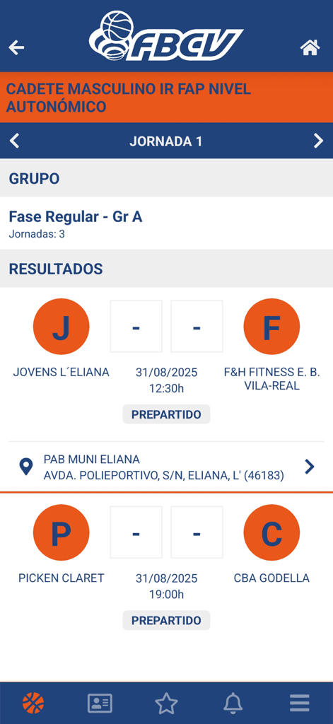 FBCV - App Oficial - Interfaz de la aplicación oficial FBCV que muestra los resultados de los partidos de baloncesto y los calendarios de la federación de la Comunidad Valenciana
