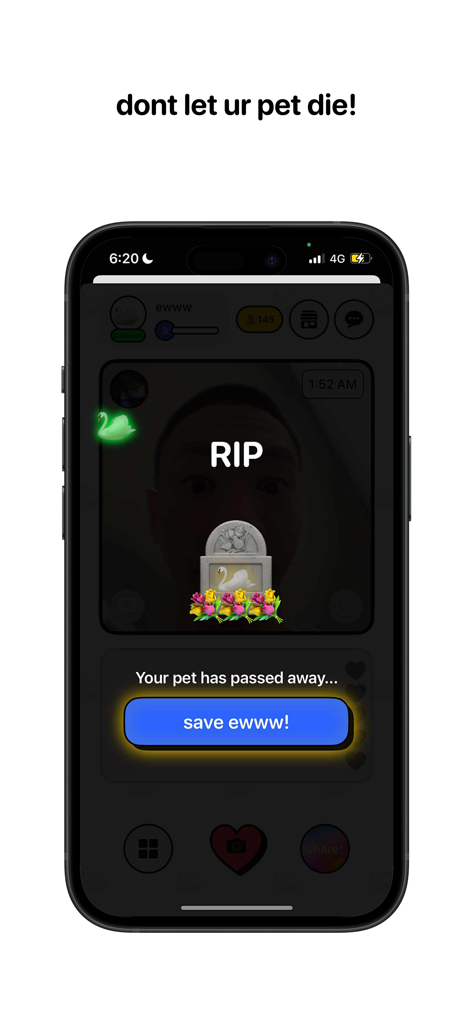 PicPet - PicPet app interface showing a virtual pet tombstone and a button to save the pet from dying