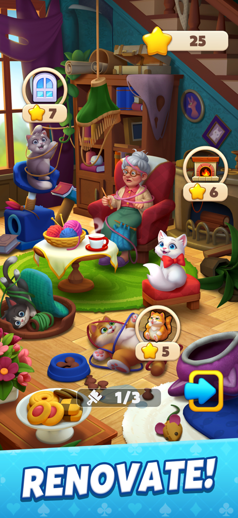 Solitaire Story - Solitaire Story game screen showing a messy room with an elderly woman and cats to renovate