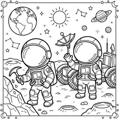 Embark on an epic space journey with our Apollo Astronauts coloring page, specially designed for young explorers aged 4-8. Kids will love bringing this detailed lunar scene to life, complete with brave astronauts, a moon rover, and distant planets.