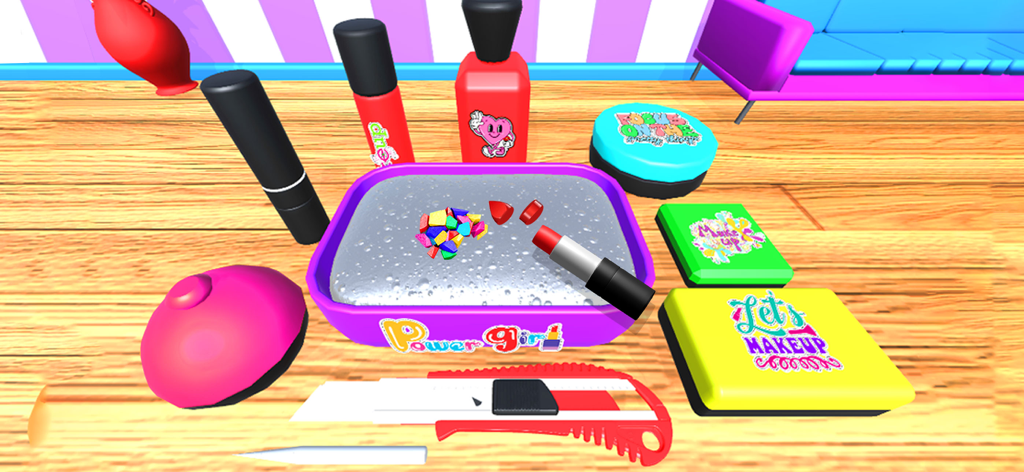 ASMR Makeup Slime Games Fun 3D - Uma cena de simulação 3D de cortar um batom e misturá-lo num recipiente de slime branco com vários produtos de maquilhagem por perto.