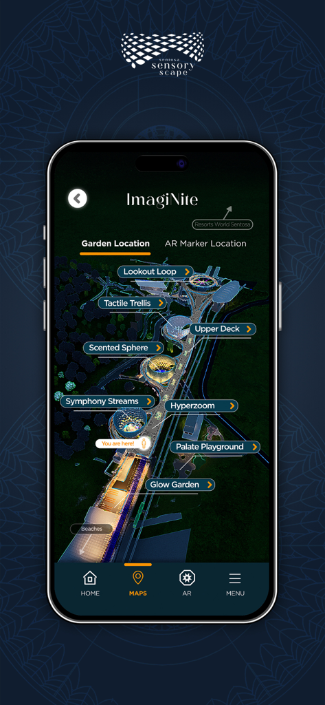 ImagiNite app map interface showing garden locations at Sentosa Sensoryscape