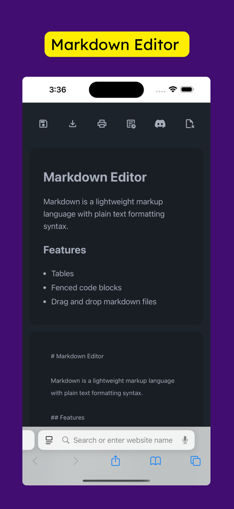 Markdown Editor for Safari - Interface of the Markdown Editor for Safari app on an iPhone showing markdown text and feature list