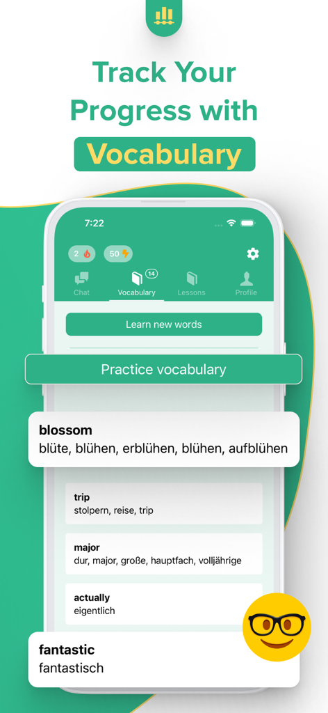 Andy English Language Learning - 語彙リストと進捗管理を表示するアンディ英会話アプリのインターフェース