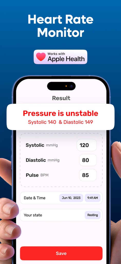 Blood Pressure・Heart Rate ECG - iPhone screen displaying a blood pressure entry log with a warning and Apple Health integration.