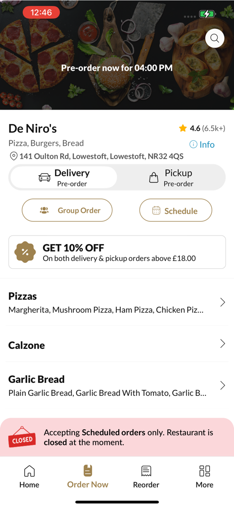 De Niros. - De Niros mobile app interface showing menu categories and delivery pre-order options