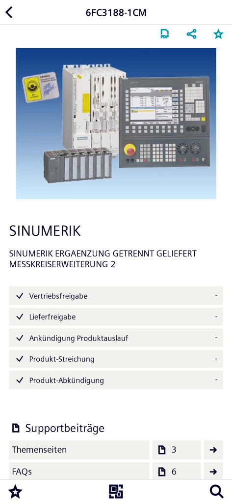 Industry Online Support - Product page for Sinumerik automation hardware on the Siemens Industry Online Support mobile app.