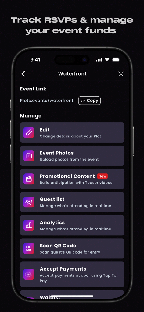 Plots - Host & Find Events - Event management dashboard in the Plots app featuring guest list and payment options