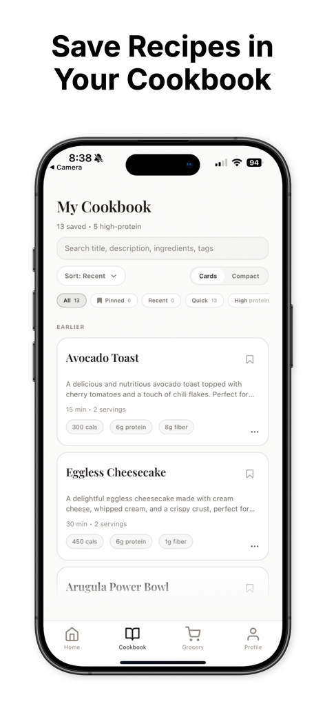 Whisk - AI Meal Planner - Captura de tela da tela Meu Livro de Receitas no aplicativo Whisk mostrando receitas salvas como Torrada com Abacate e Cheesecake sem Ovo com detalhes nutricionais