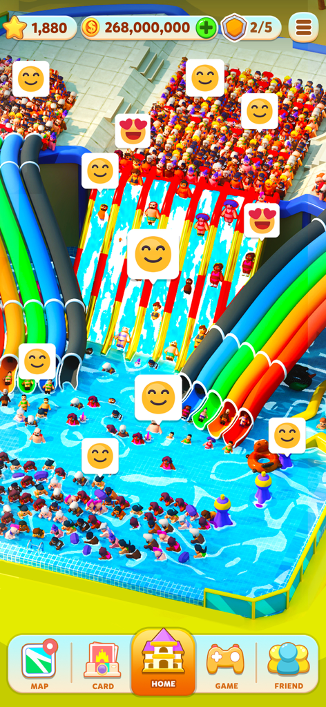 Carnival Tycoon: Coin Games - Parque acuático colorido con toboganes arcoíris y visitantes felices en Carnival Tycoon.