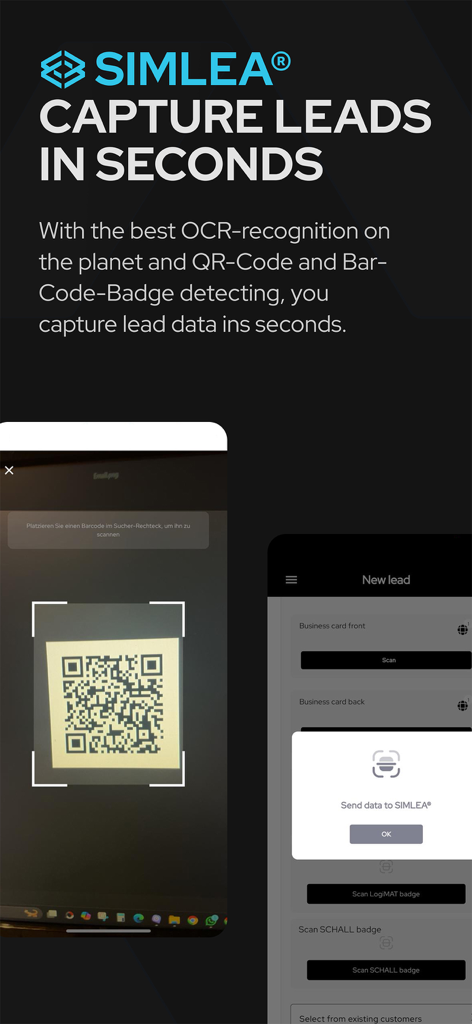 SIMLEA+ - SIMLEA plus mobile app interface showing QR code scanning and digital lead retrieval for trade shows