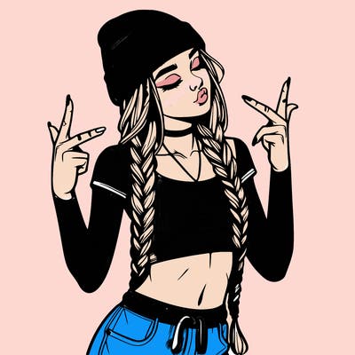 realistic teenage girl with braids and a beanie and crop top doing 🫶🏼