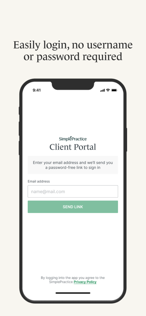 SimplePractice Client Portal - Login screen for SimplePractice Client Portal showing passwordless sign in via email link