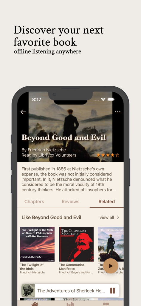Audiobook details page for Beyond Good and Evil showing related classic literature recommendations