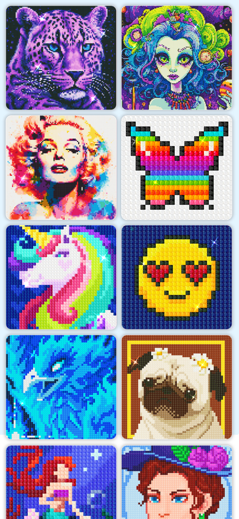 Une variété de designs colorés de diamond painting, y compris des animaux et des portraits