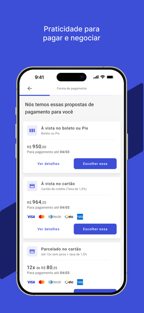 Meu Arco - Meu Arco Mobile App-Bildschirm mit Optionen für Schulzahlungen, einschließlich Pix und Kreditkarte