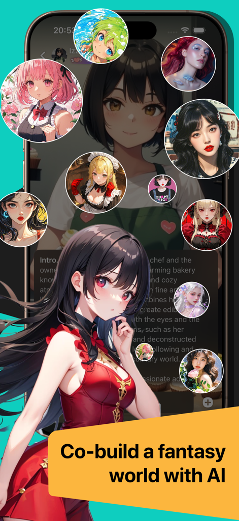 Smartphone screen showing diverse AI anime and realistic character avatars for roleplaying