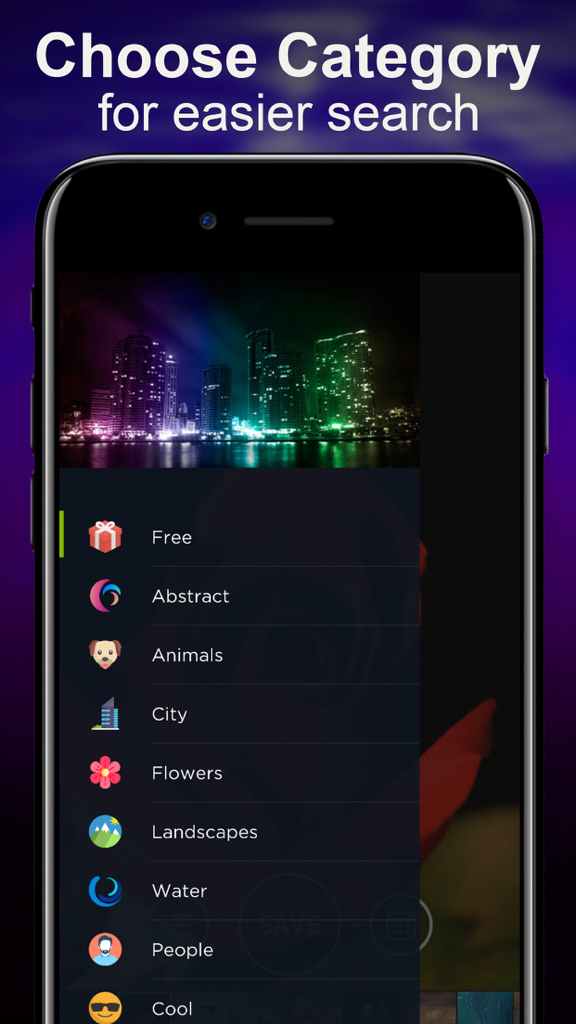 Live Wallpapers Unlimited - Mobile app interface showing wallpaper categories like Abstract, Animals, and City.