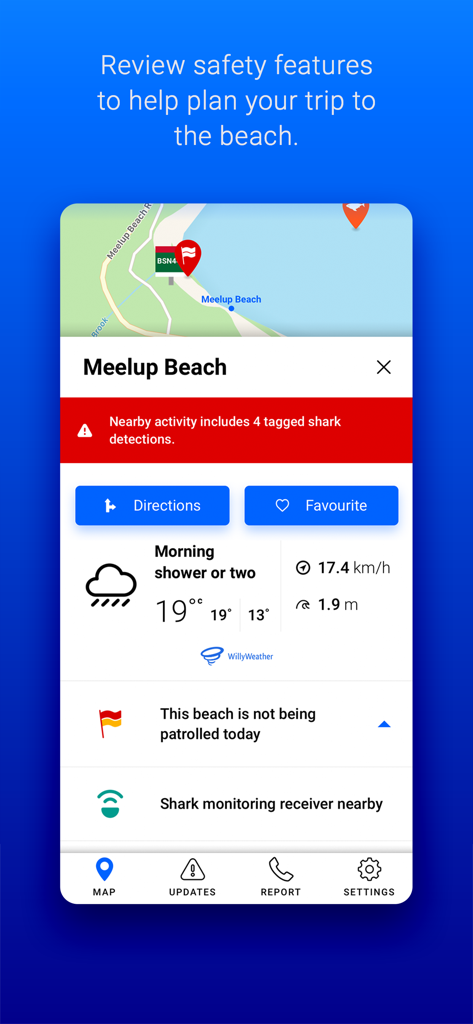 SharkSmart WA app interface showing shark activity alerts and weather forecast for Meelup Beach