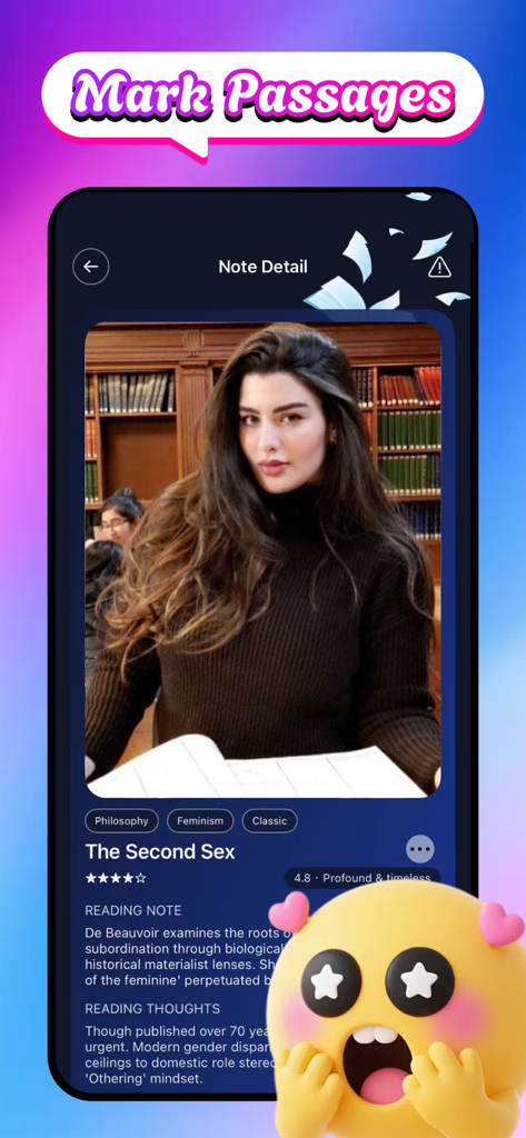Vilo: Record & Explore More - Pantalla de la aplicación móvil que muestra una nota de lectura detallada para El Segundo Sexo con reflexiones personales y una foto de biblioteca.