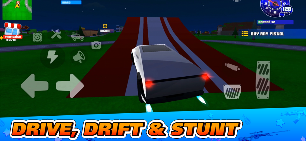 Gangs Wars City: Pixel Shooter - A blocky car driving up a large ramp in a pixelated sandbox city with the text Drive Drift and Stunt