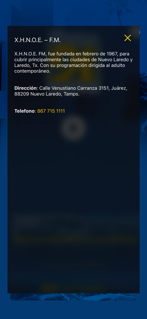 Stereo 91 - Information popup with the history and contact details of Stereo 91 radio station XHNOE-FM