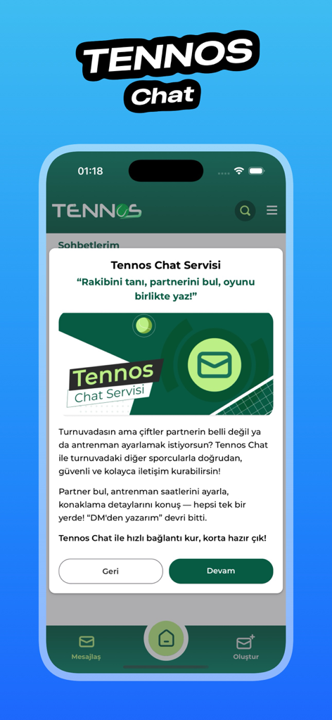 Tennos - Interface du service de chat de l'application Tennos pour trouver des partenaires de tennis et planifier des matchs