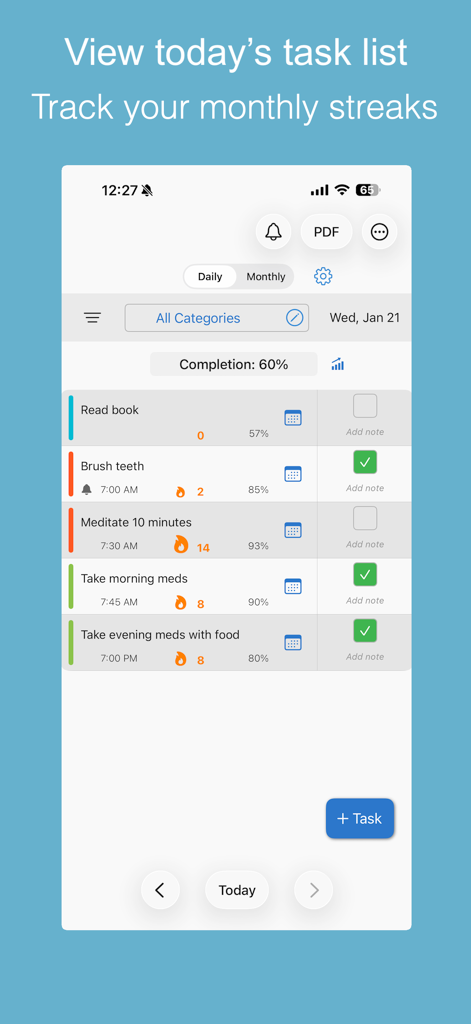 Daily Tasks - Tracker - La aplicación Daily Tasks Tracker que muestra la lista de tareas diarias y las rachas de finalización mensual