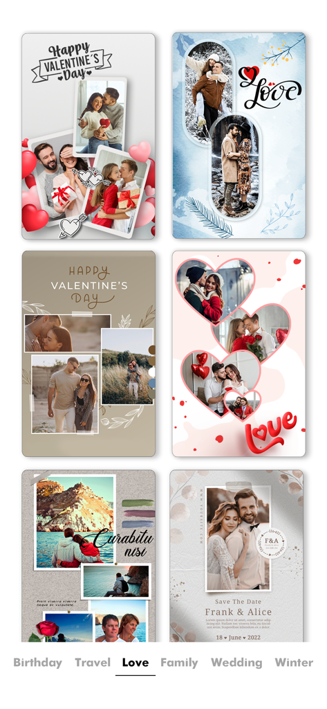 Photo Collage Maker・ - ソーシャルメディアストーリー向けのロマンチックで旅行をテーマにしたフォトコラージュレイアウトのコレクション。