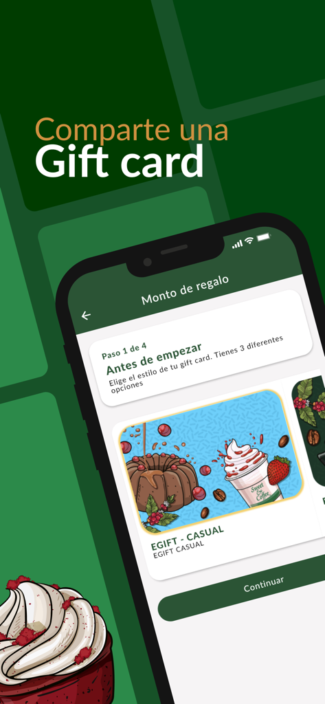 Sweet & Coffee app interface for selecting and sharing a digital gift card design.