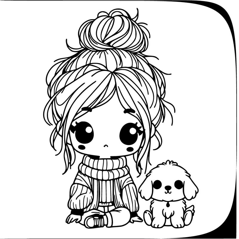 cute girl with messy bun and baggy sweater with a cute baby golden retriever