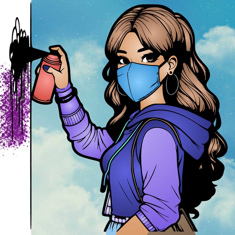 realistic girl with mask spray painting a wall