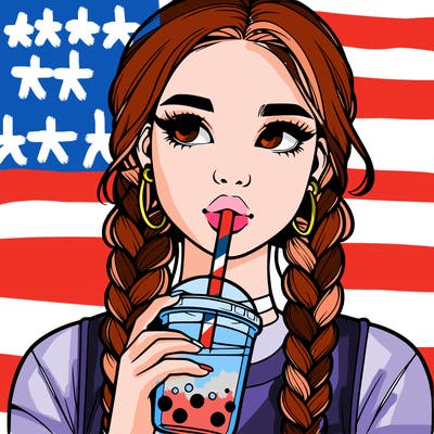 realistic girl with braided hair drinking boba