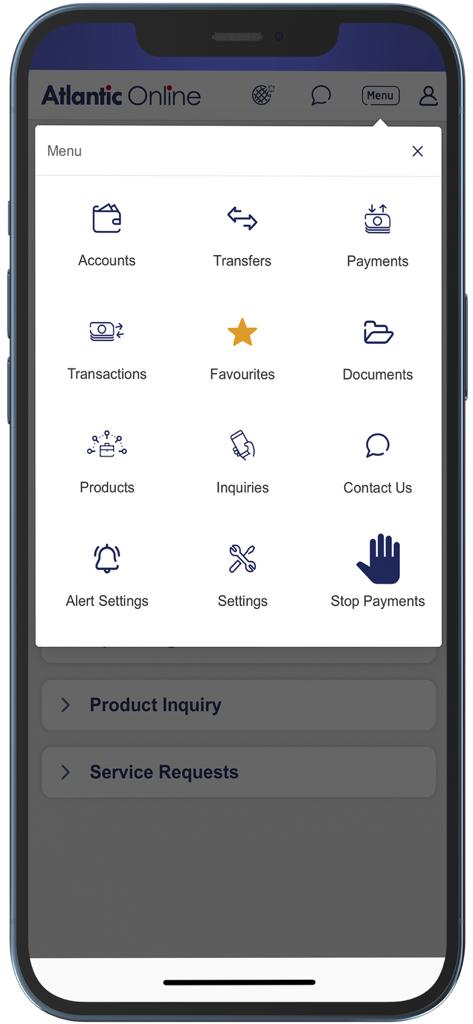 Atlantic Bank Mobile Banking - Pantalla de menú de la aplicación móvil de Atlantic Bank que muestra iconos para cuentas, transferencias, pagos y configuraciones.