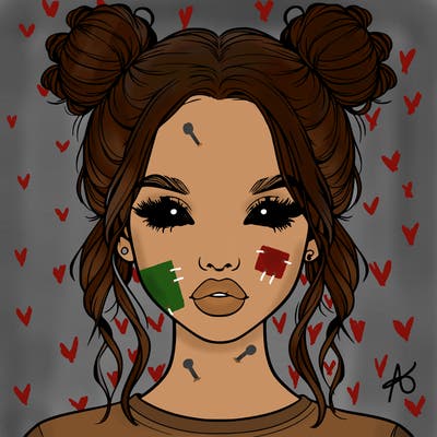 realistic girl with two buns in hair and lips