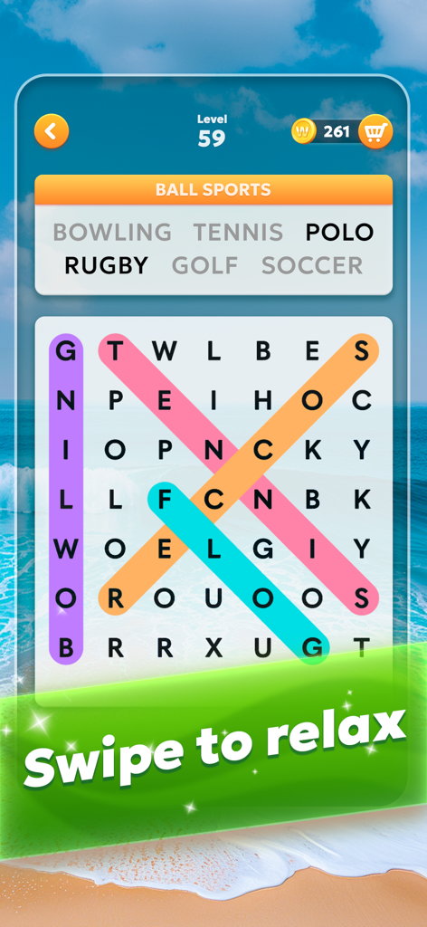Word Search Pro‧ - Juego de acertijos Word Search Pro que muestra un nivel de deportes de pelota con un fondo de playa relajante