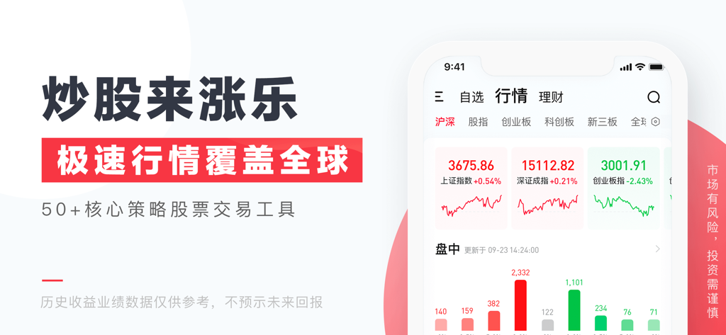 涨乐财富通-炒股理财就选华泰 - Interface de l'application mobile Zhangle Fortune Path affichant les indices boursiers mondiaux et les données de trading en temps réel