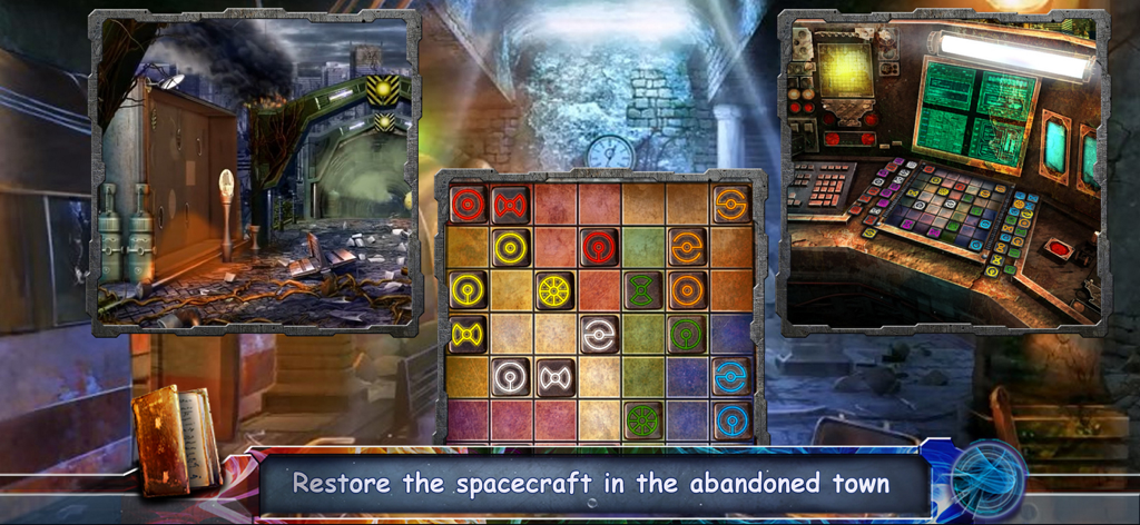Space Legends: Full Adventure - Multiple gameplay panels showing sci-fi mini-games and hand-drawn adventure scenes in Space Legends.