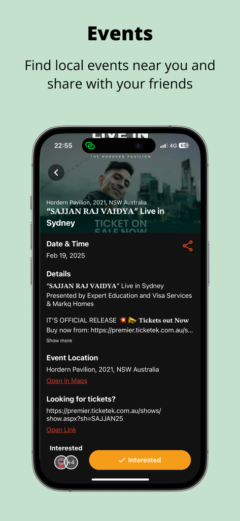 Kaam Kotha - Kaam Kotha App-Oberfläche, die eine Veranstaltungsseite mit einer Anzeige für ein Live-Konzert in Sydney zeigt