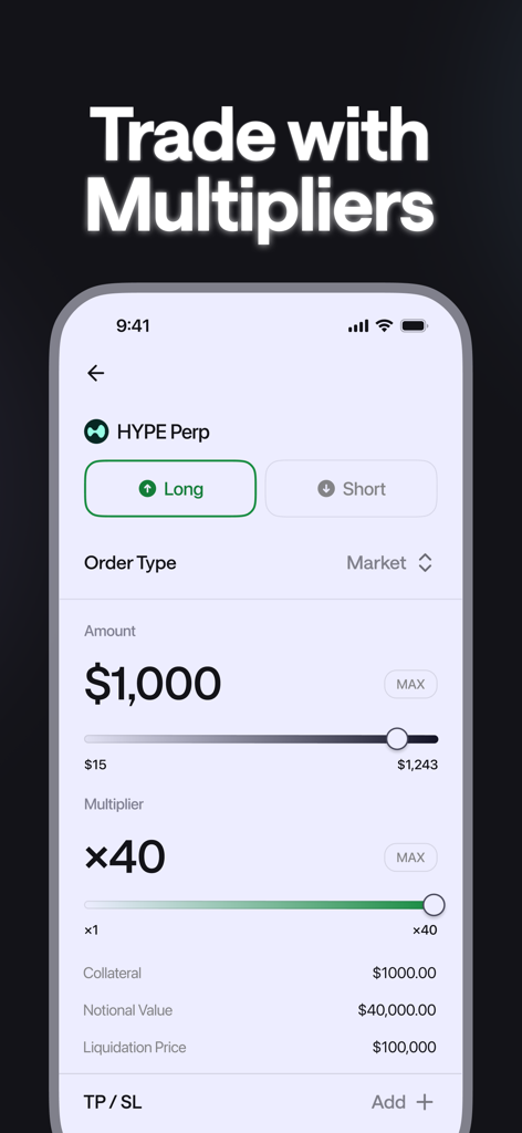 Liquid — Trade like the 1% - Liquid app interface showing a crypto trade with a 40x multiplier leverage.