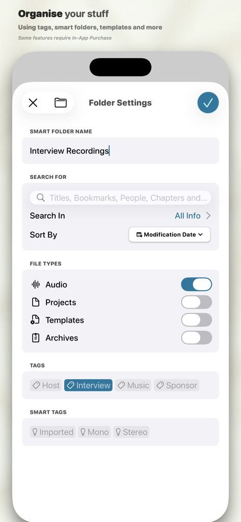 Ferrite Recording Studio - Interface of Ferrite Recording Studio showing smart folder settings with tags for interview recordings.