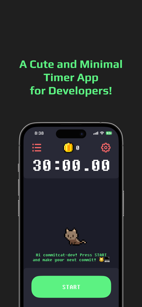 CommitCat - Focus, Commit - Interface of CommitCat app featuring a 30 minute timer and a pixel art cat