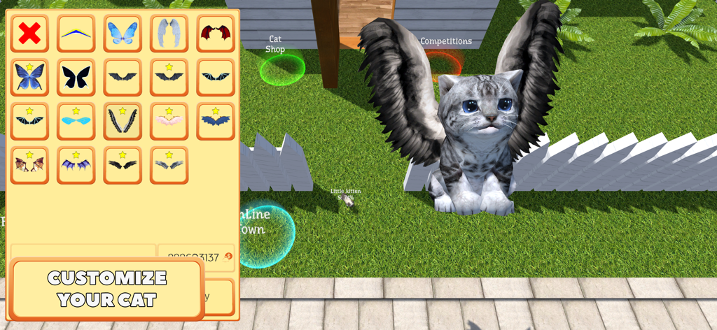 Cute Pocket Cat 3D - Part 2 - A gray tabby kitten wearing large black wings in a 3D environment with a customization menu for wings and accessories