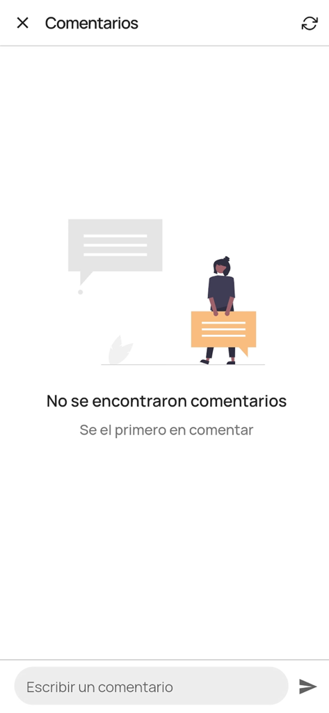 Pantalla de sección de comentarios vacía de la aplicación Directorio Cubano con un campo para escribir un comentario